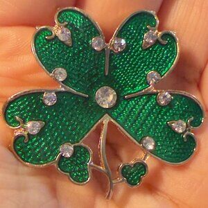 Clover Brooch Green Enamel Rhinestone Shamrock – 1.75”